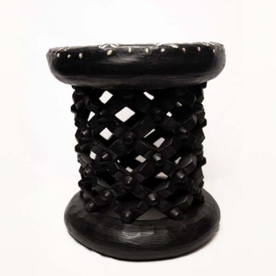 Vintage Black African Stool - Handcrafted Wooden Art Decorated with Coins and Cowries Available at Baobabmart