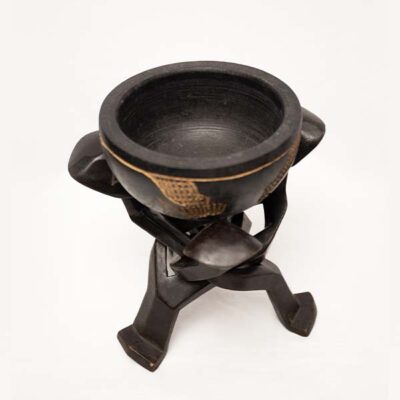 African Crafted Tripod with a Bowl - Handcrafted Wooden Art Available at Baobabmart