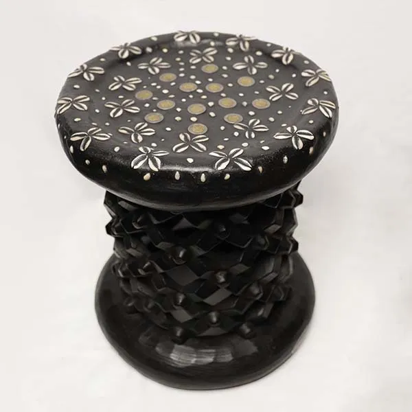 Vintage Black African Stool - Handcrafted Wooden Art Decorated with Coins and Cowries Available at Baobabmart
