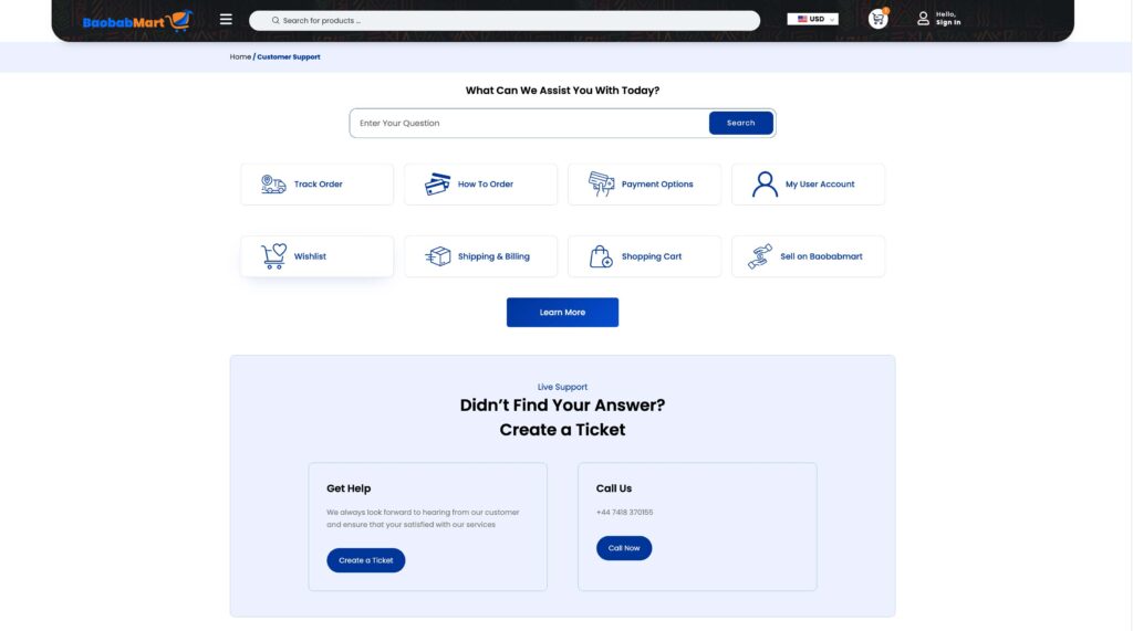 Contacting support on BaobabMart