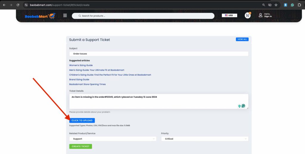 attaching a supporting document to the ticket