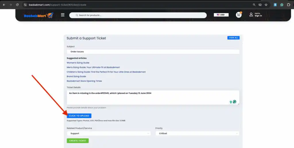 attaching a supporting document to the ticket