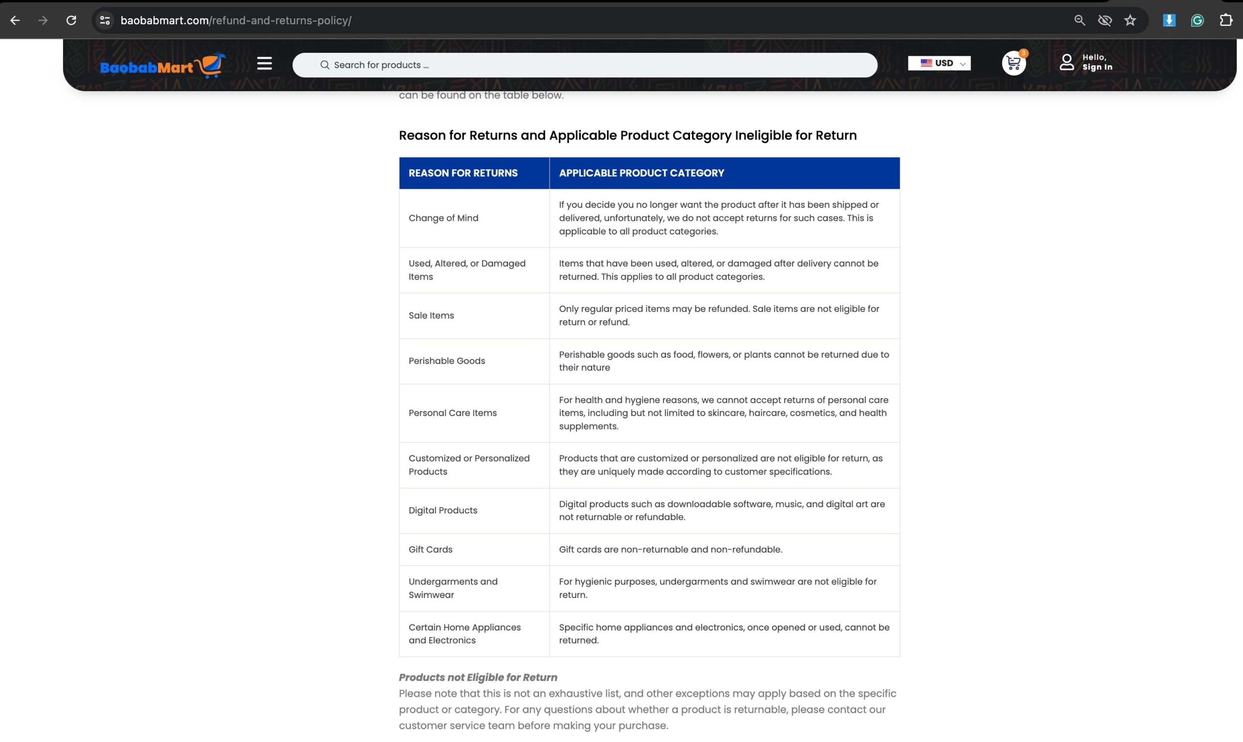 Non returnable product categories