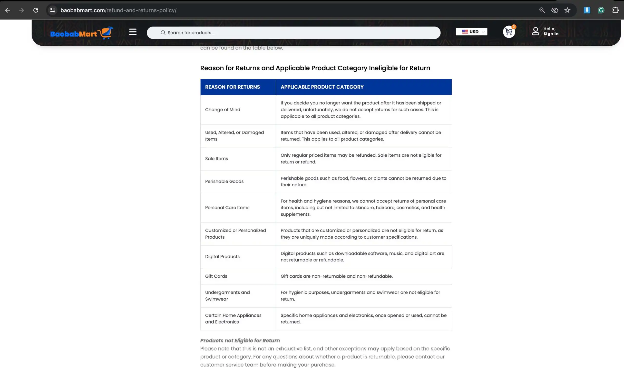 Non returnable product categories