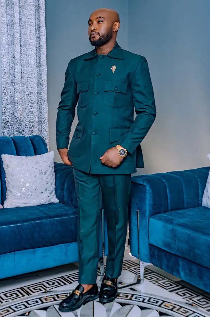 Traje caftán africano azul reina para hombre: conjunto de chaqueta y pantalón en Baobabmart
