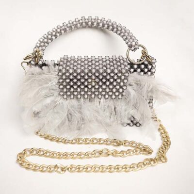 Black and White Beaded Crossbody Handbag with Feathers Available at Baobabmart