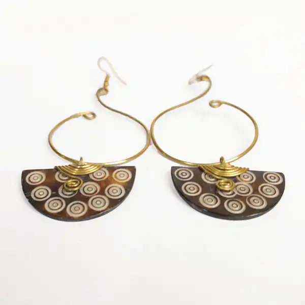 Handmade Cleopatra Earrings Carved from Ox Horn Decorated with Bronze