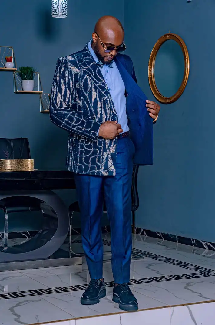 Blue Two-Piece Cross suit Combined of Ndop Fabric