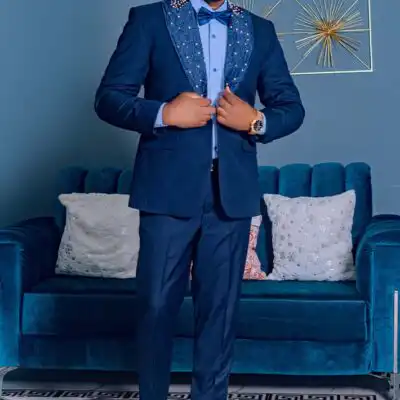 African Teal Blue Suit For Men - Tailored Elegance with Sall Work on Lapel