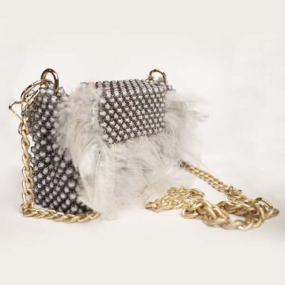 Black and White Beaded Crossbody Handbag with Feathers
