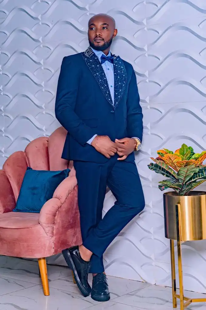 African Teal Blue Suit For Men - Tailored Elegance with Sall Work on Lapel