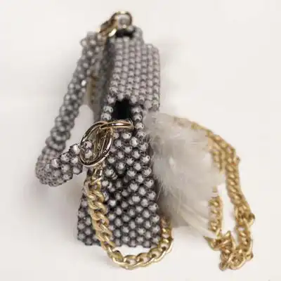 Black and White Beaded Crossbody Handbag with Feathers
