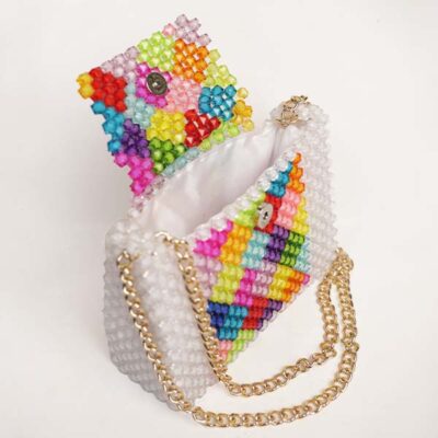 White Beaded Handbag with Colored Beads - Handcrafted by Miss Swan Available at Baobabmart