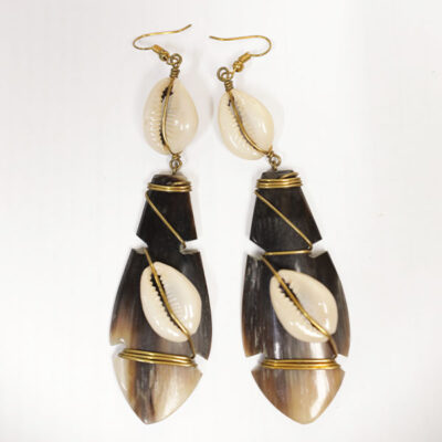 Ox Horn Leaf Earrings Decorated with Cowries – Handcrafted African Elegance available at Baobabmart