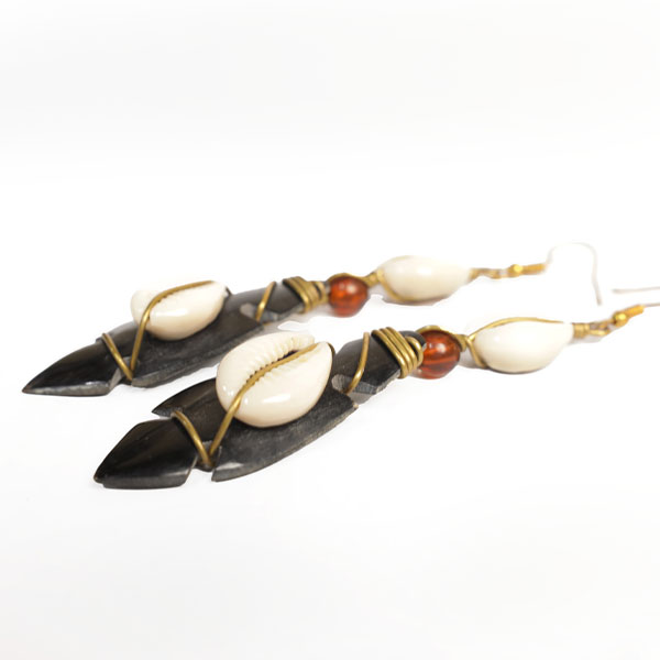 Bronze Ox Horn Leaf Earrings decorated with cowries1 Ox Horn Leaf Earrings Decorated with Cowries – Handcrafted African Elegance available at Baobabmart