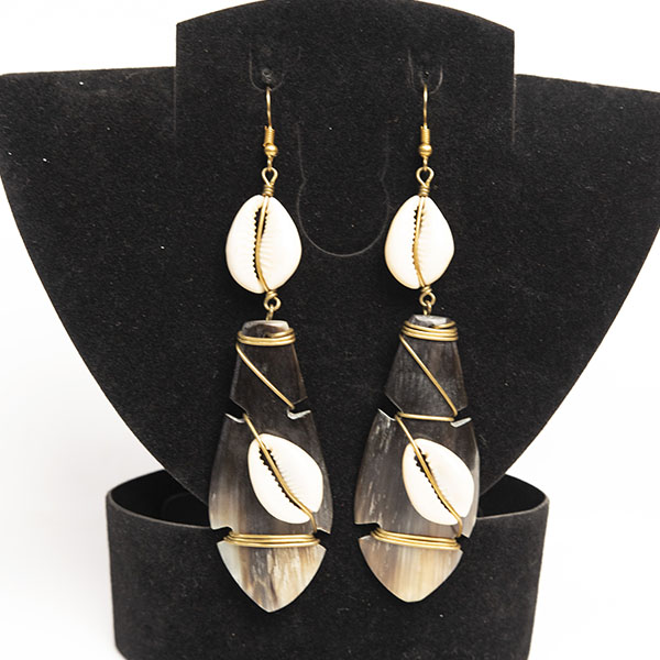 Bronze Ox Horn Leaf Earrings decorated with cowries3 Ox Horn Leaf Earrings Decorated with Cowries – Handcrafted African Elegance available at Baobabmart