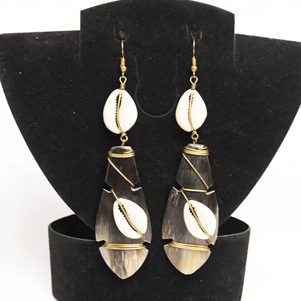Ox Horn Leaf Earrings Decorated with Cowries – Handcrafted African Elegance available at Baobabmart