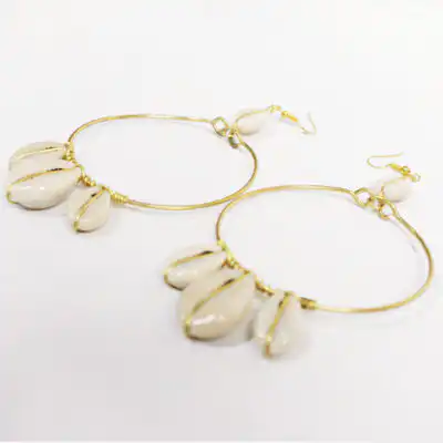 Bronze Hoop Earrings with 3 Cowries at the Bottom – Handcrafted African Jewelry at Baobabmart