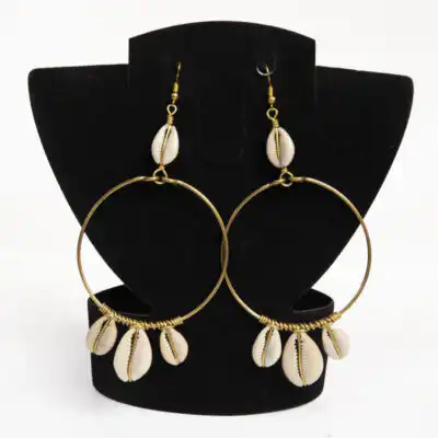 Bronze Hoop Earrings with 3 Cowries at the Bottom – Handcrafted African Jewelry at Baobabmart