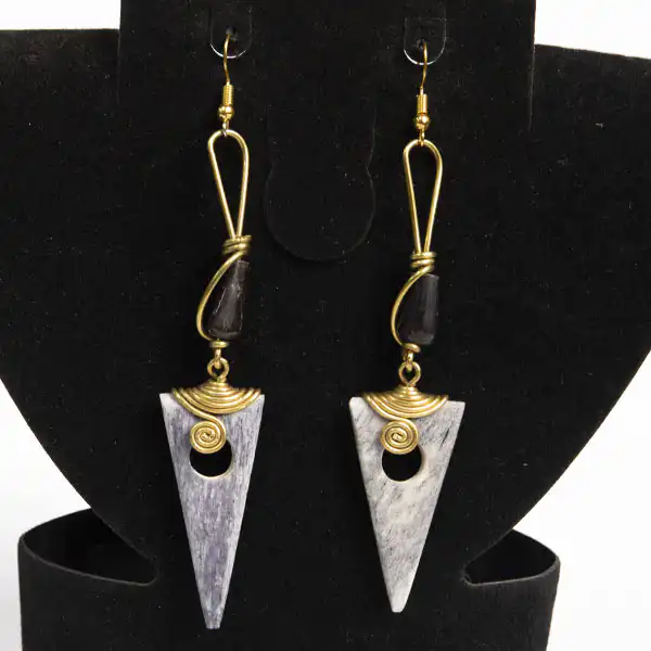 Cleopatra inspired triangle ox horn earrings decorated with beads and bronze3 Cleopatra-inspired Triangle Ox Horn Earrings – Shop Handcrafted African Earrings at Baobabmart
