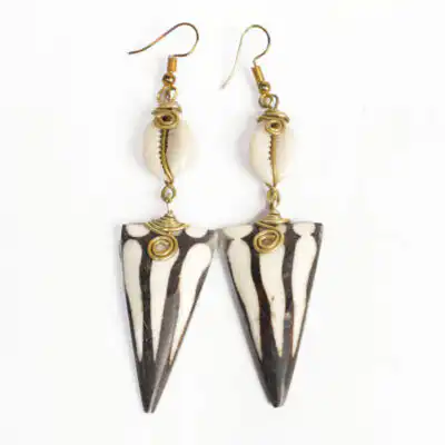 Ethnic African Triangle Cow Horn Earrings with Cowrie and Bronze – Handcrafted Earrings at Baobabmart