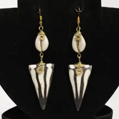 Ethnic African Triangle Cow Horn Earrings with Cowrie and Bronze – Handcrafted Earrings at Baobabmart