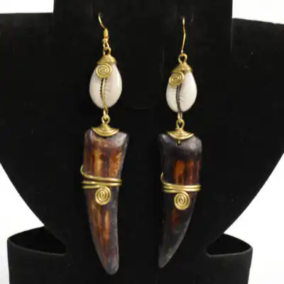 Shark Tooth-like Ox Horn Earrings with Cowrie – Handcrafted African Jewelry at Baobabmart
