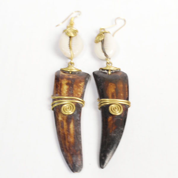 Cowri and shark tooth-like ox horn earring2 Shark Tooth-like Ox Horn Earrings with Cowrie – Handcrafted African Jewelry at Baobabmart