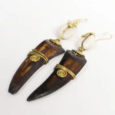 Shark Tooth-like Ox Horn Earrings with Cowrie – Handcrafted African Jewelry at Baobabmart