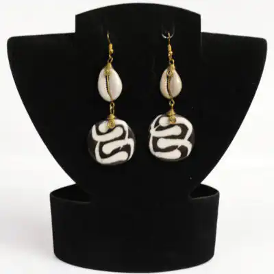 Ox Horn Black and White Circle Earrings with Cowrie – Handcrafted African Jewelry at Baobabmart