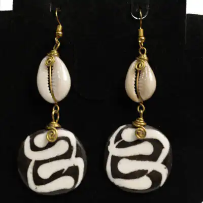 Ox Horn Black and White Circle Earrings with Cowrie – Handcrafted African Jewelry at Baobabmart