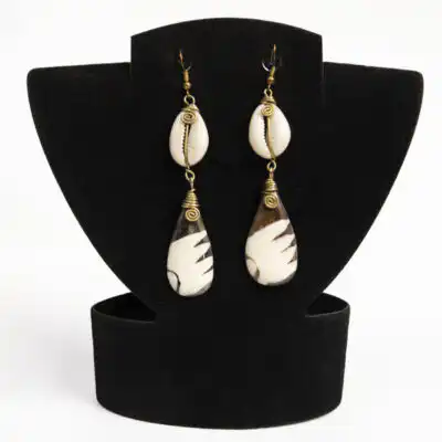 Cowrie and Drop-like Cow Horn Earrings – Handcrafted African Jewelry at Baobabmart
