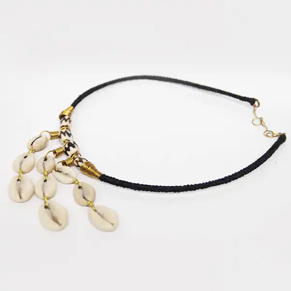 Stripes Handmade Cowrie Shell Necklace – Handcrafted Cowrie & Bronze Necklace at Baobabmart