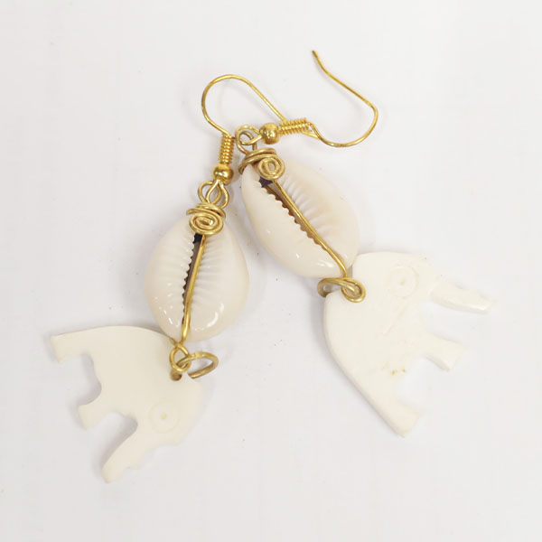 Elephant-shaped Earrings Decorated with Cowrie Shells2 Elephant-shaped Earrings with Cowrie Shells – Handcrafted African Earrings at Baobabmart