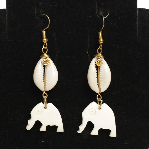 Elephant-shaped Earrings Decorated with Cowrie Shells4 Elephant-shaped Earrings with Cowrie Shells – Handcrafted African Earrings at Baobabmart