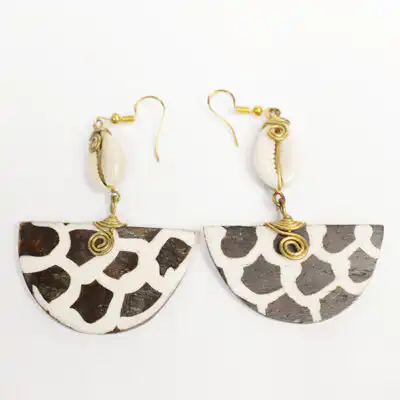 Half Moon Ox Horn Earrings Decorated with Cowries and Bronze – Handcrafted African Jewelry at Baobabmart
