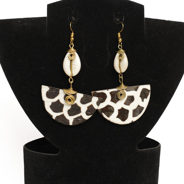 Half Moon Ox Horn Earrings Decorated with Cowries and Bronze – Handcrafted African Jewelry at Baobabmart