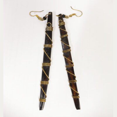 Long Black Authentic Ox Horn and Bronze Earrings