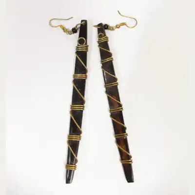 Long Black Authentic Ox Horn and Bronze Earrings