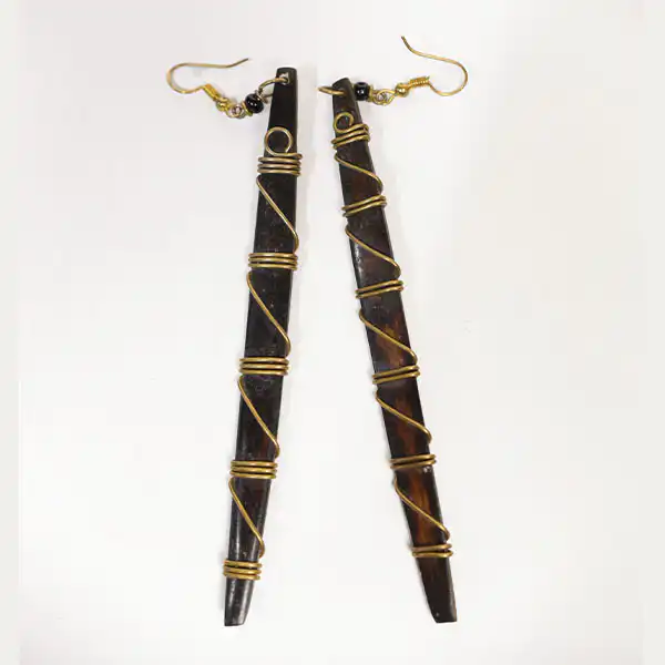 Long Black Authentic Ox Horn and Bronze Earrings