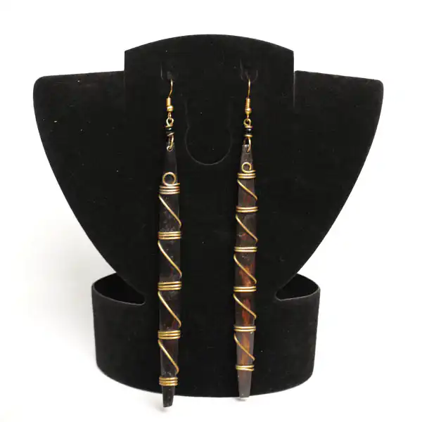Long Black Authentic Ox Horn and Bronze Earrings – Handcrafted African Jewelry at Baobabmart