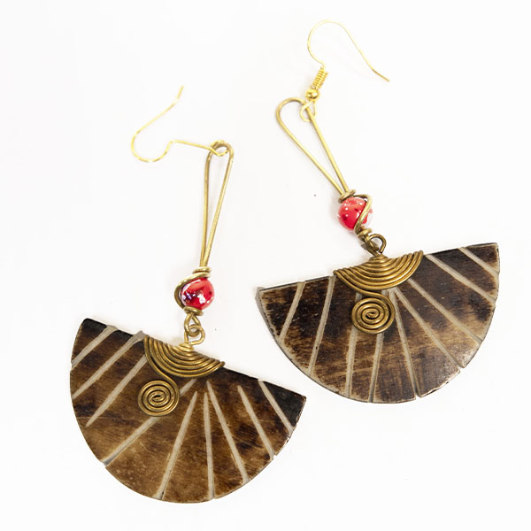 Ox horn half moon earring with pink beads 1 Vintage Half Moon Earrings – Ox Horn Earrings with Pink Beads at Baobabmart