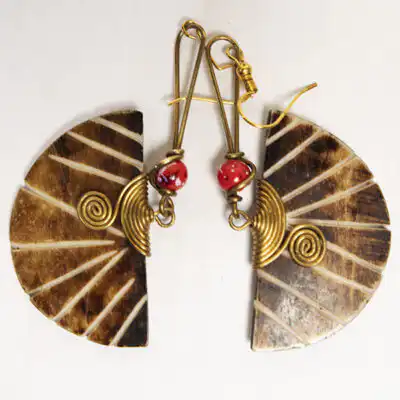 Vintage Half Moon Earrings – Ox Horn Earrings with Pink Beads at Baobabmart
