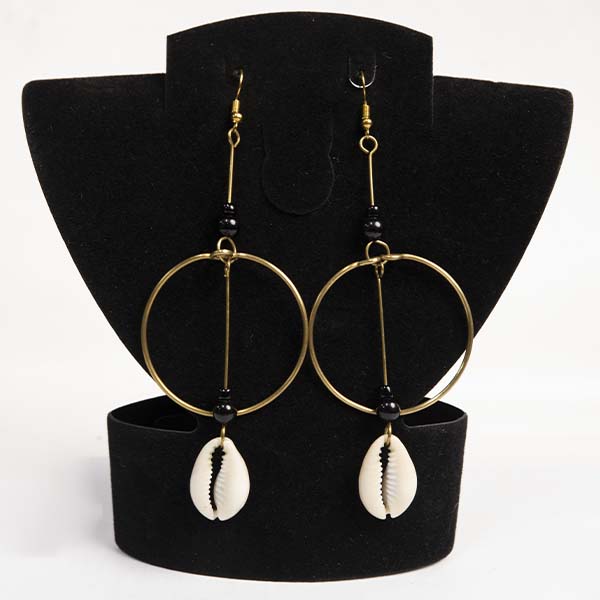 Pendant hoop earring with hanging a cowri 2 Handmade Pendant Hoop Earrings – African Hoops with Cowrie at Baobabmart