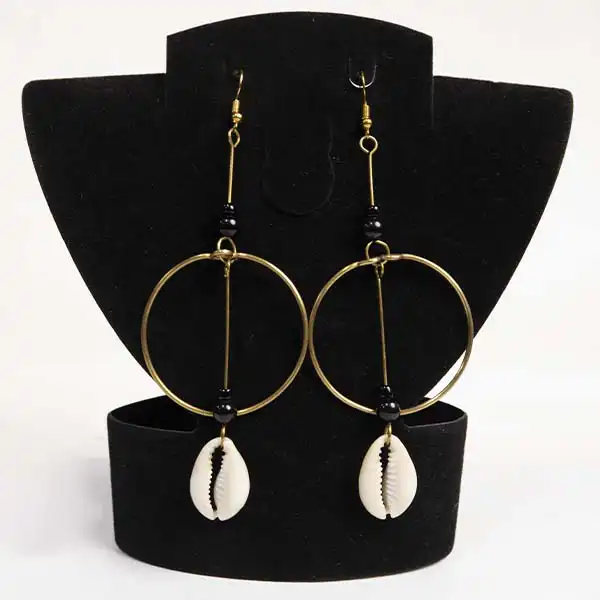 Handmade Pendant Hoop Earrings – African Hoops with Cowrie at Baobabmart
