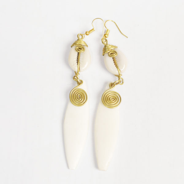 White cowri and long dangling ox horn earring1 White Cowrie and Long Dangling Ox Horn Earrings – Handcrafted African Elegance for Any Occasion