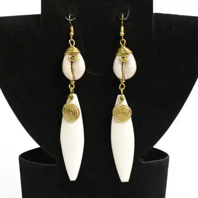 White Cowrie and Long Dangling Ox Horn Earrings – Handcrafted African Elegance for Any Occasion