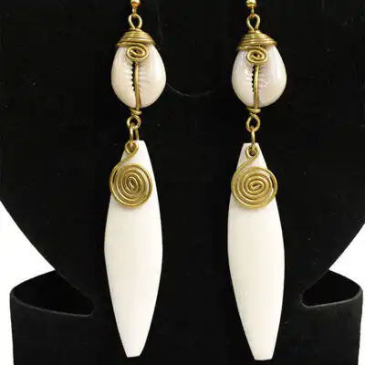 White Cowrie and Long Dangling Ox Horn Earrings – Handcrafted African Elegance for Any Occasion