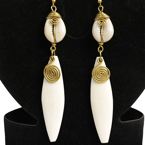 White cowri and long dangling ox horn earring3 White Cowrie and Long Dangling Ox Horn Earrings – Handcrafted African Elegance for Any Occasion