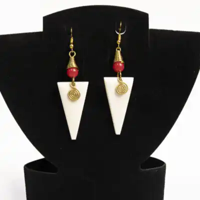 Buy White Triangle Ox Horn Earrings with Red Beads Online